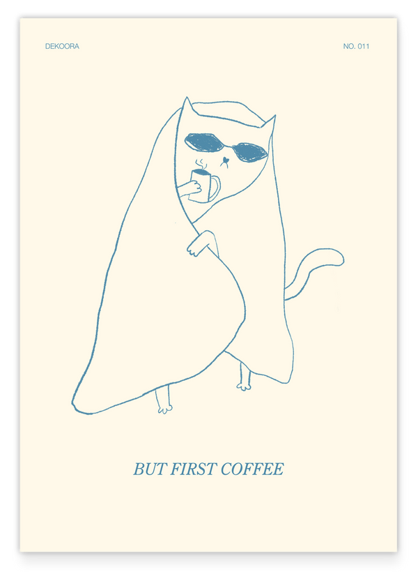 Katze mit Decke "But first Coffee"