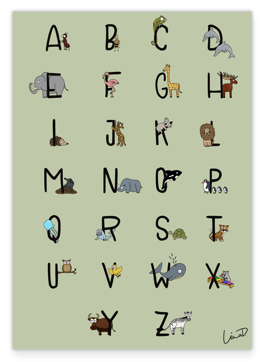 Affiches ABC avec des animaux en vert - Alphabet allemand