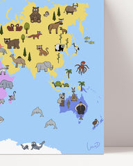 After Hover: Colorful world map for the children's room - playful learning with animals