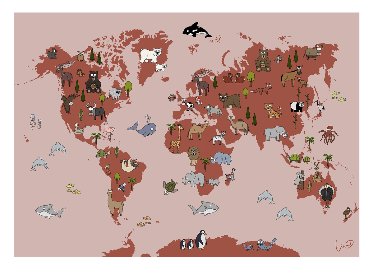 Children's world map with animals in red