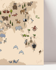 After Hover: World map with animals for the children's room in beige