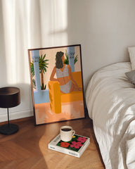 After Hover: Vacation Mode On - Frau im Boho Ambiente mit Palmen