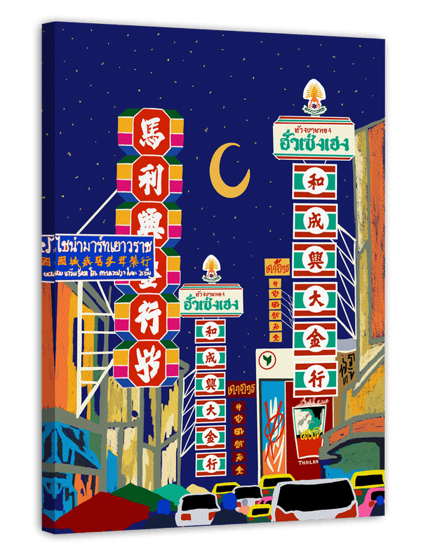 Skyline mit asiatischen Schriftzeichen bei Nacht