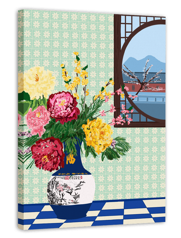 Bunter Blumenstrauß in asiatischem Ambiente