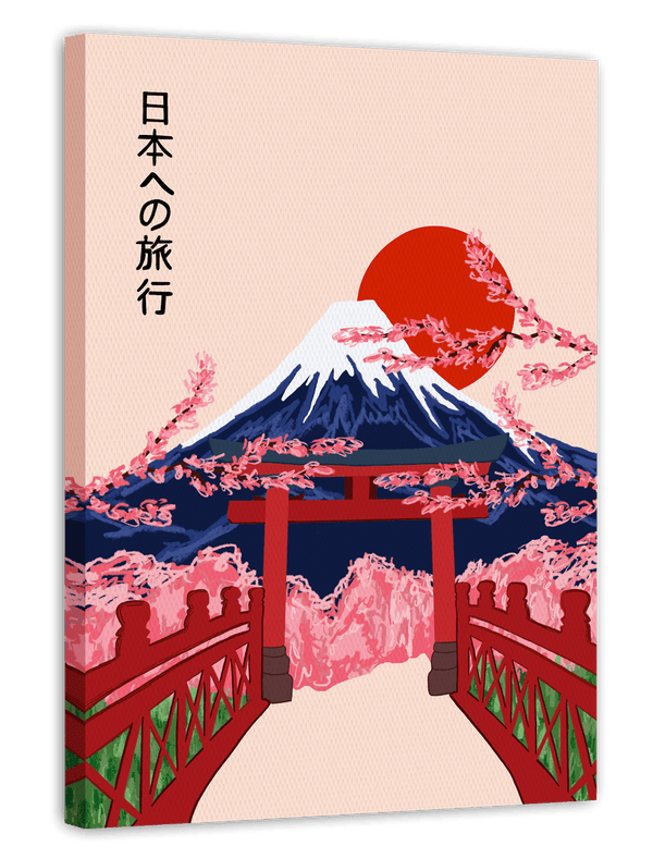 Japan - Vulkan mit Kirschblüten vor roter Sonne