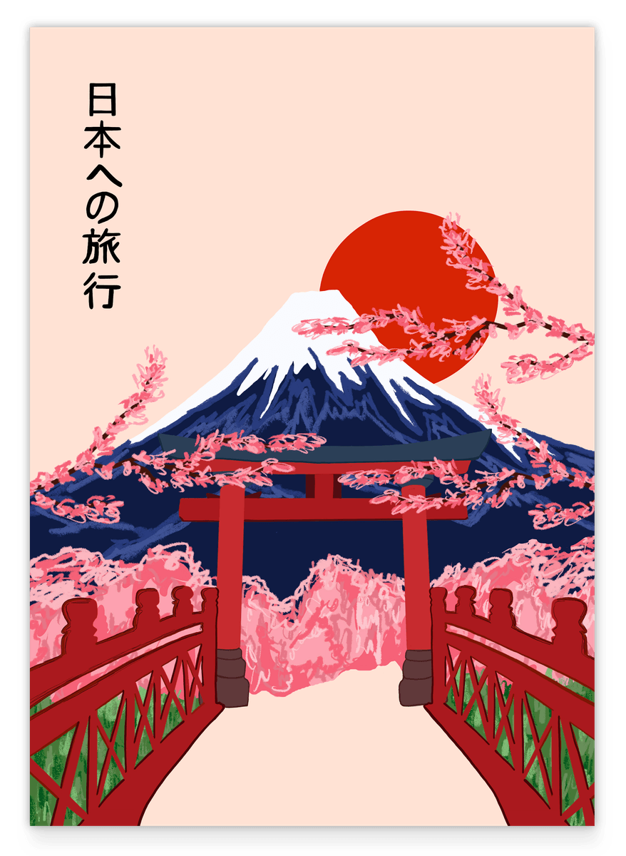 Japan - Vulkan mit Kirschblüten vor roter Sonne
