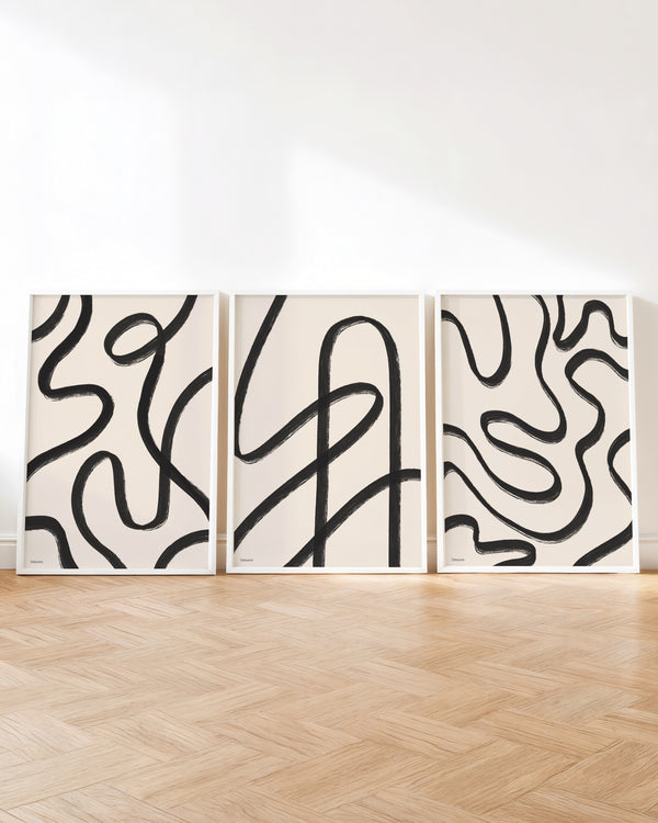 Set aus 3 Postern: Abstrakte Linien in Schwarz & Beige