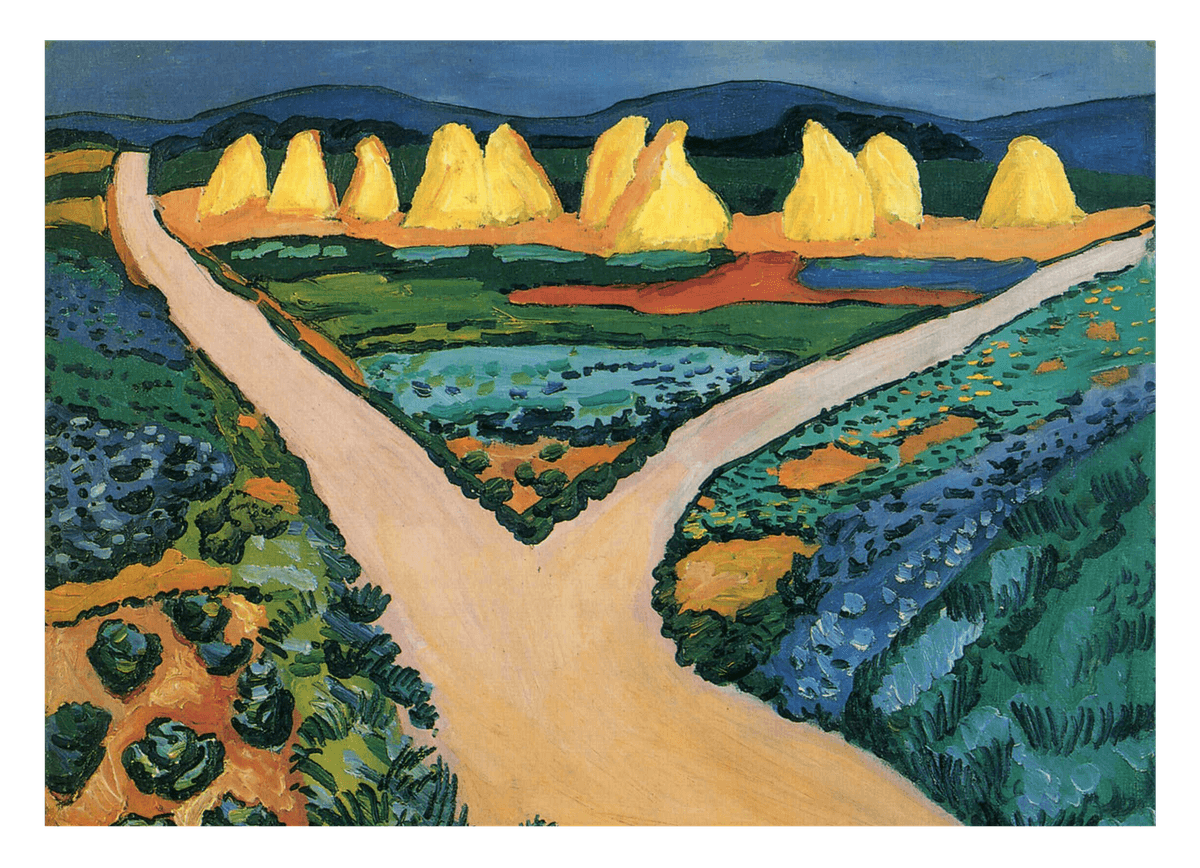 Landscape painting: Haystacks in a green landscape