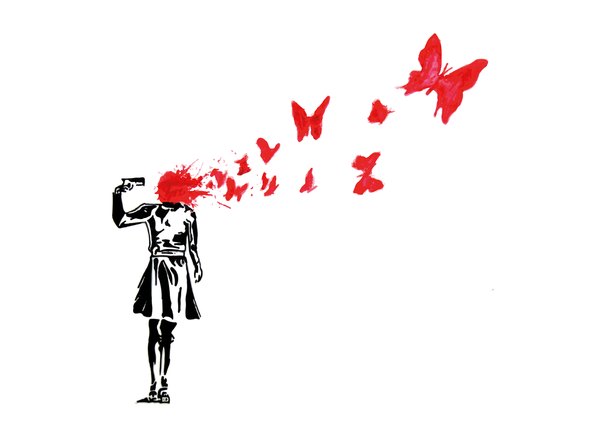Banksy - Banksy Suicide Girl Butterflies Street Art