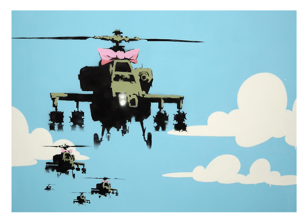 Banksy - Helicopter with pink bow Helicopter Graffiti Street Art