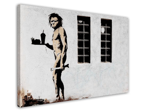 Banksy - Neandertaler mit Knochen und Fastfood Restaurant Menü Street Art Graffiti