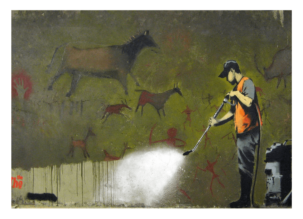 Banksy - Cleaning man removes ancient mural disaster graffiti hip cool modern
