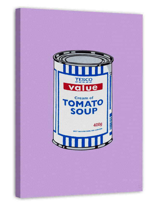 Banksy Dose - Tomato Soup auf violettem Hintergrund - Andy Warhol Pop-Art Style - Street Art Kunstdruck von Klein bis Groß