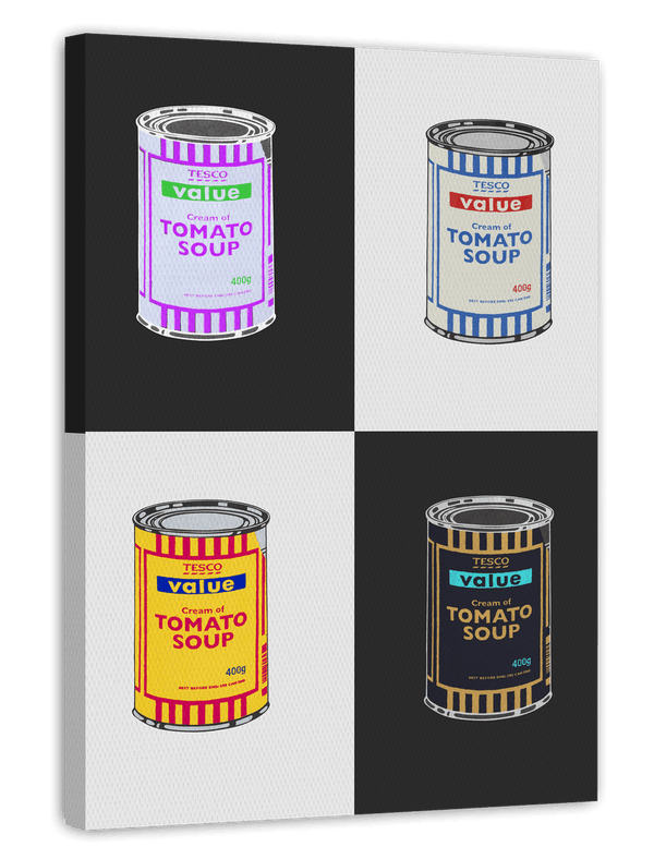Banksy Dose - Tomato Soup Kollage in Schwarz-Weiß - Pop Art Kunstdruck Modern Street-Art