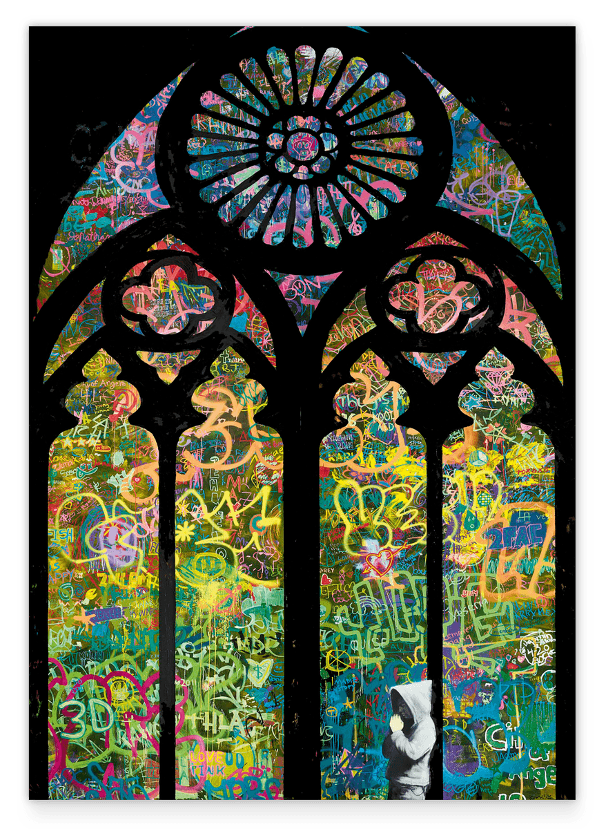 Banksy Kirche - Graffiti - Bunt und Modern Street-Art Marketing - Moderner Kunstdruck Klein bis Groß XXL
