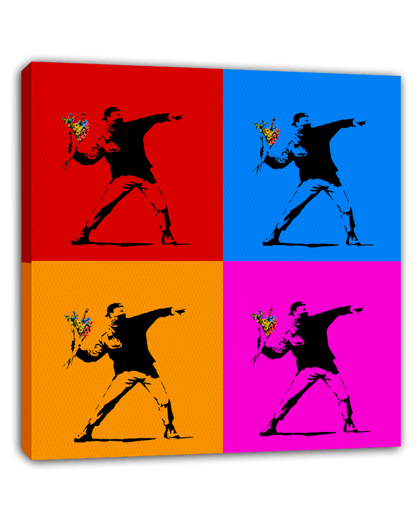 Banksy Mann wirft Blumen in 4 Farben - Activism Collage- Modern Street-Art - Kunstdruck Klein bis Groß XXL - Geschenk Wohnzimmer, Schlafzimmer
