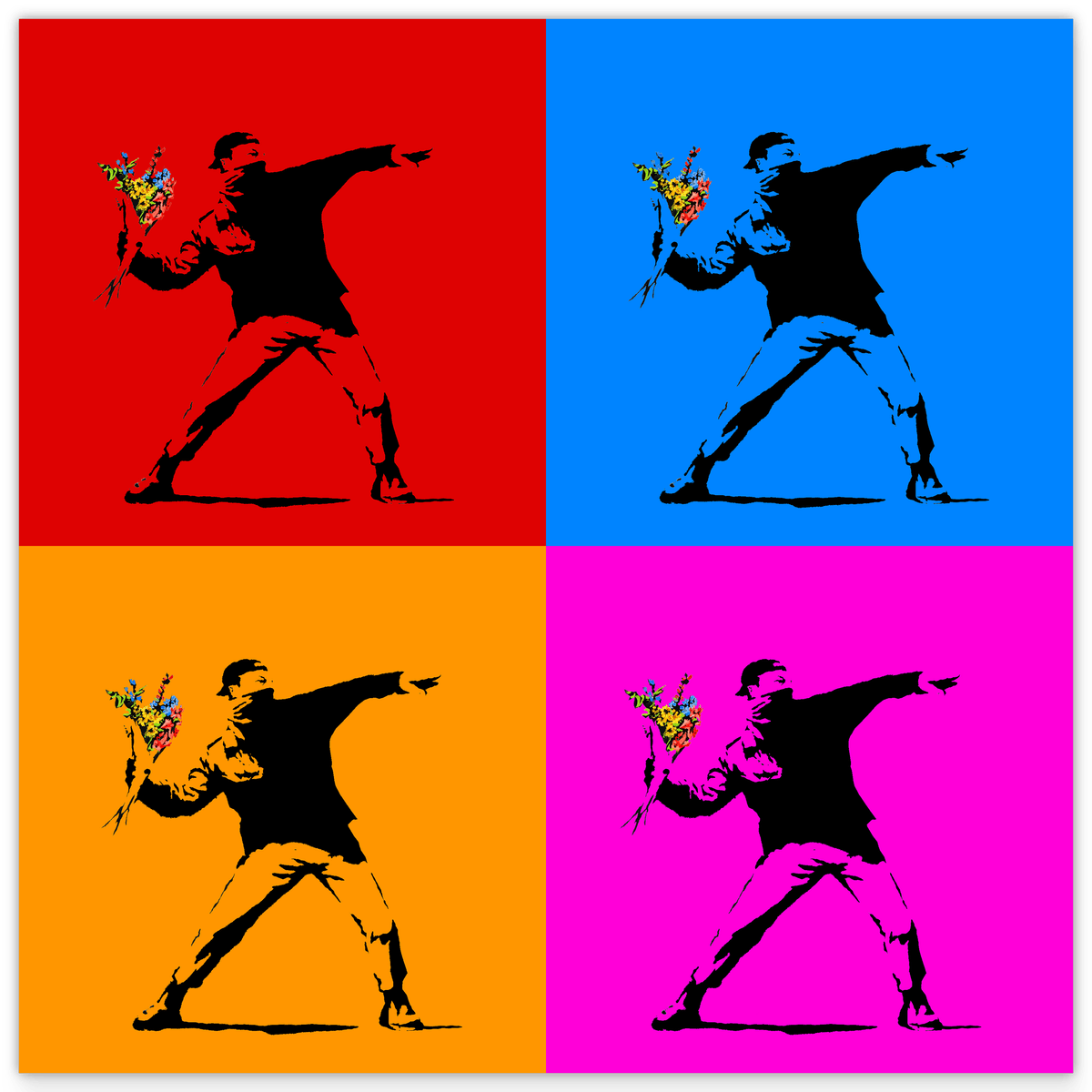 Banksy Mann wirft Blumen in 4 Farben - Activism Collage- Modern Street-Art - Kunstdruck Klein bis Groß XXL - Geschenk Wohnzimmer, Schlafzimmer