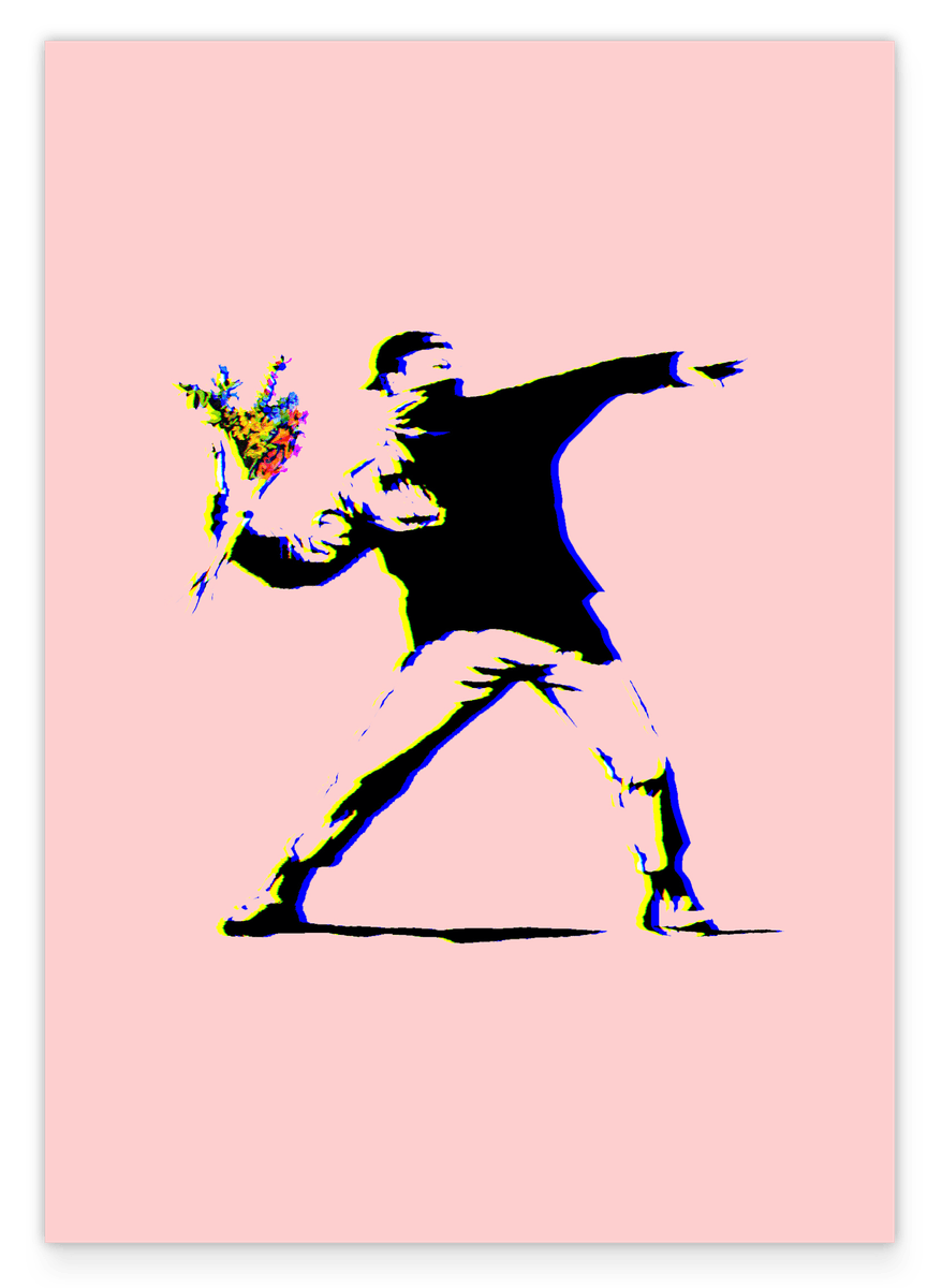 Banksy Mann wirft Blumen - Activism Kunstdruck in Rosa - Modern Street-Art - Klein bis Groß XXL