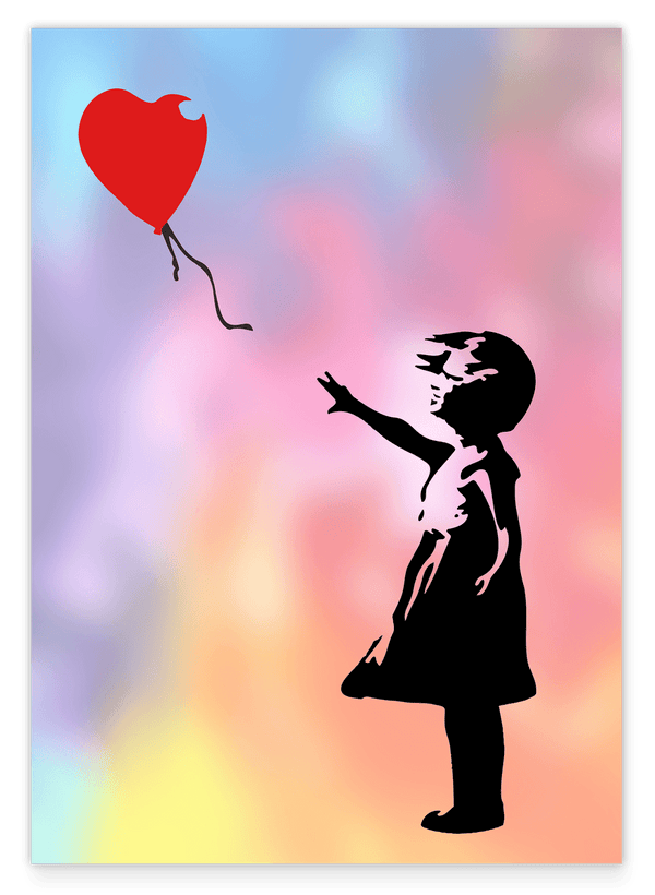 Banksy Mädchen mit Herz Luftballon auf buntem Hintergrund - Moderner Street-Art Kunstdruck
