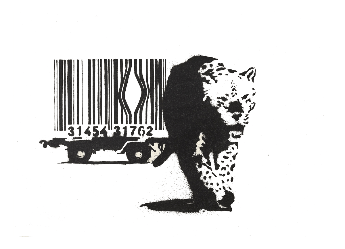 Banksy Street-Art Leopard Barcode - Konsum-Kritik Globalisierung, Moderner Kunstdruck Canvas - Wohnzimmer, Inneneinrichtung Deko