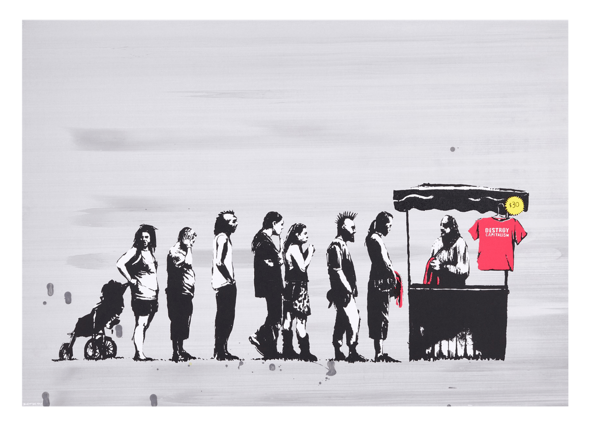 Banksy Warten in der Schlange -  Pop-Art Modern Street-Art Marketing - Kunstdruck Klein bis Groß XXL