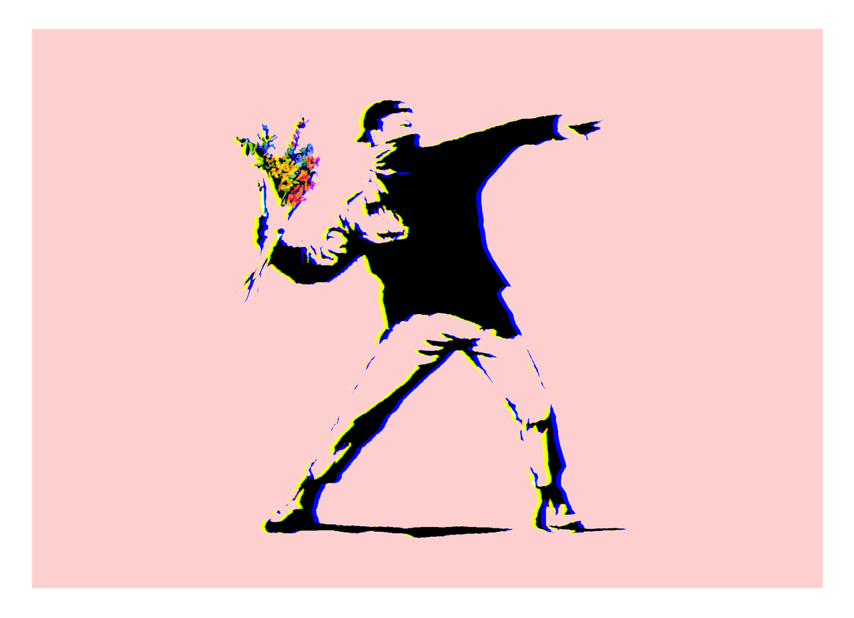Banksy Mann wirft Blumen Activism - Modern Street-Art - Moderner Kunstdruck Klein bis Groß XXL - Geschenk Wohnzimmer, Schlafzimmer