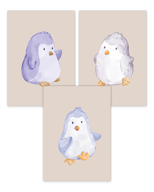 Poster-Set "Süße Pinguine" auf braunem Hintergrund
